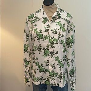 Vintage White Button-Up Disco Shirt with Green Floral Print